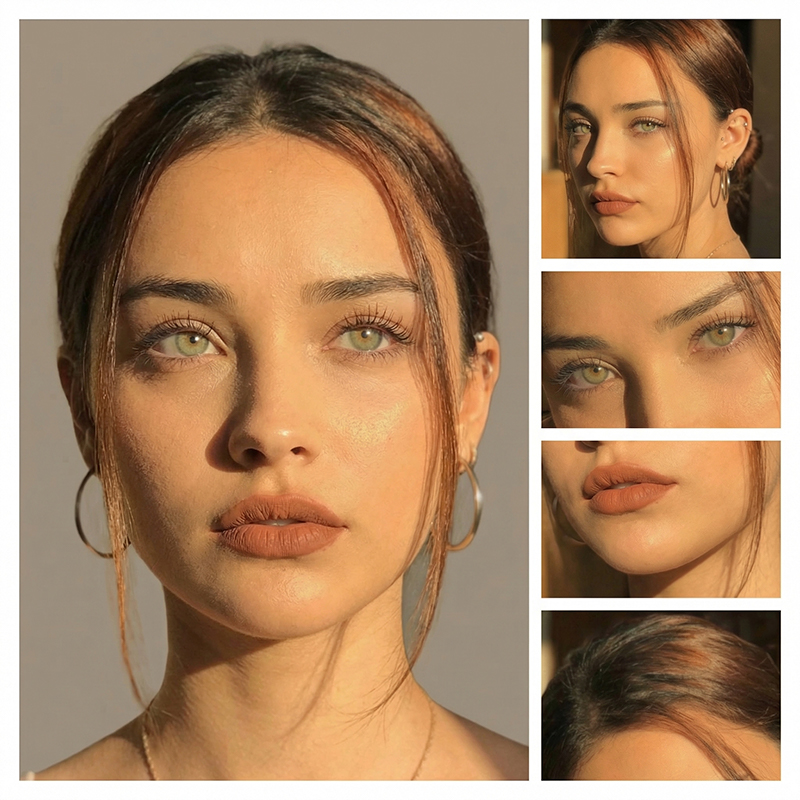 Colagem 4 paineis com close-ups de detalhes faciais